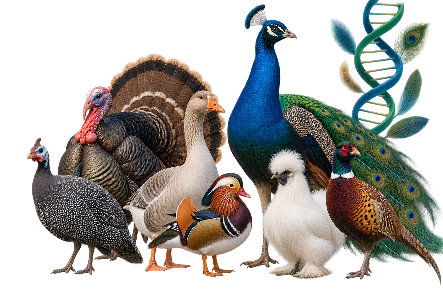 A realistic mixed flock of peafowl, chicken, duck, goose, turkey, pheasant and guinea fowl beside a DNA helix